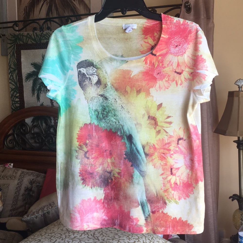 Chico’s Colorful Parrot Embellished Tee